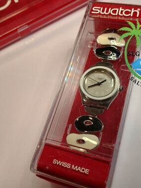 Swatch Women's Silver With White & Black Retro Accent Bracelet Watch